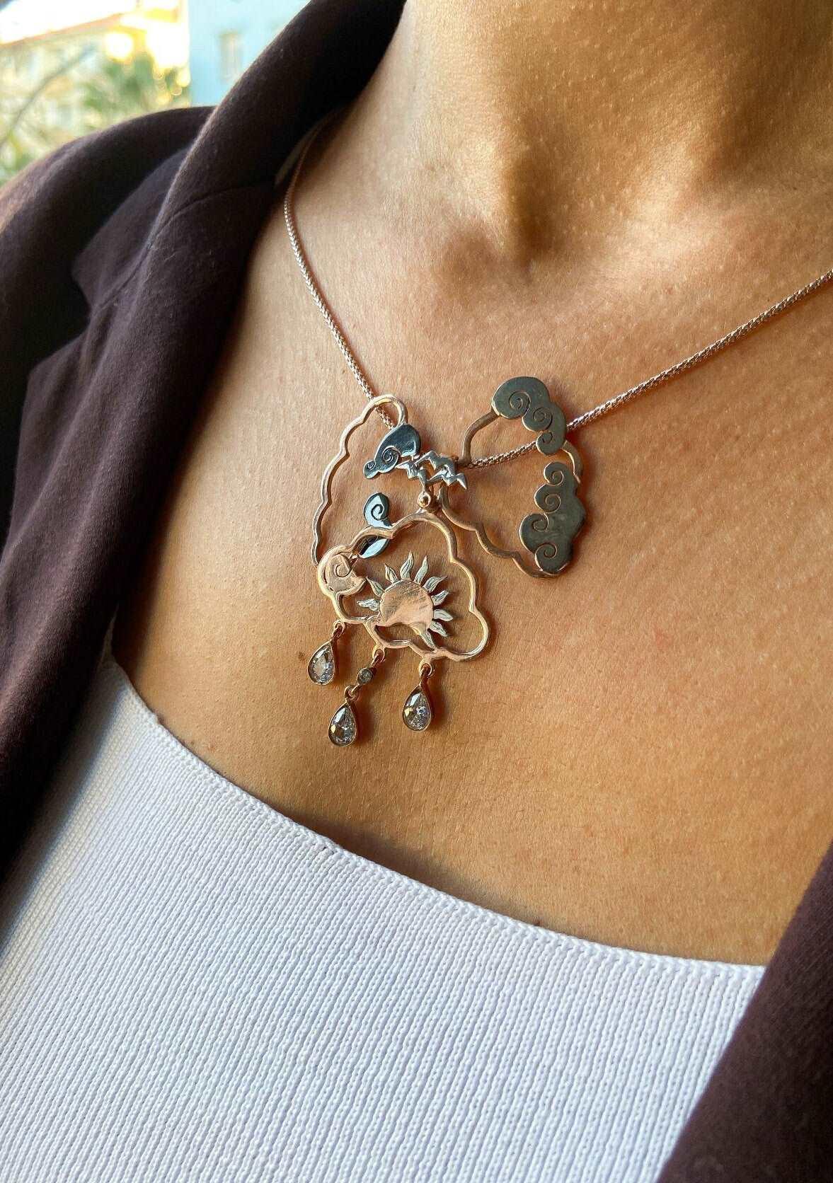 Layered Sun Pendant, Moving 925 Sterling Silver Necklace, Sun and Clouds Design Pendant , Nature Theme Jewellery Necklace For Women - Tracesilver