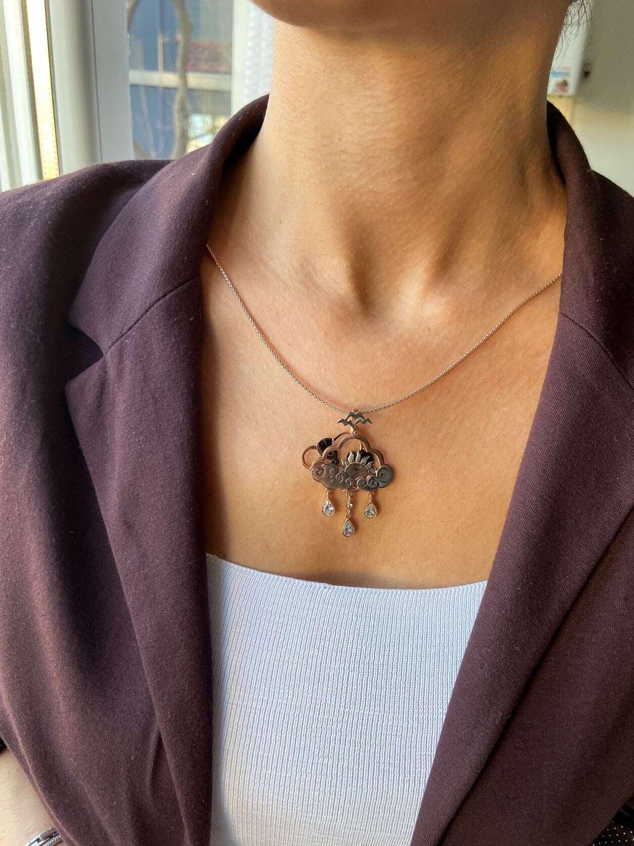 Layered Sun Pendant, Moving 925 Sterling Silver Necklace, Sun and Clouds Design Pendant , Nature Theme Jewellery Necklace For Women - Tracesilver