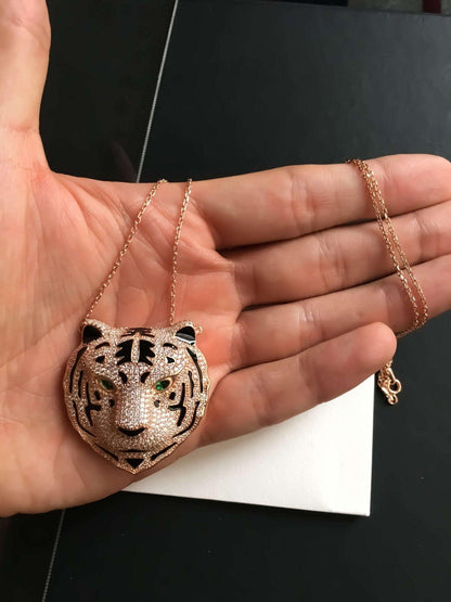 Leopard Head Emerald Eye Nacre Working Necklace, Unique Desing Handmade Jewelry Leopard Pendant For Women - Tracesilver