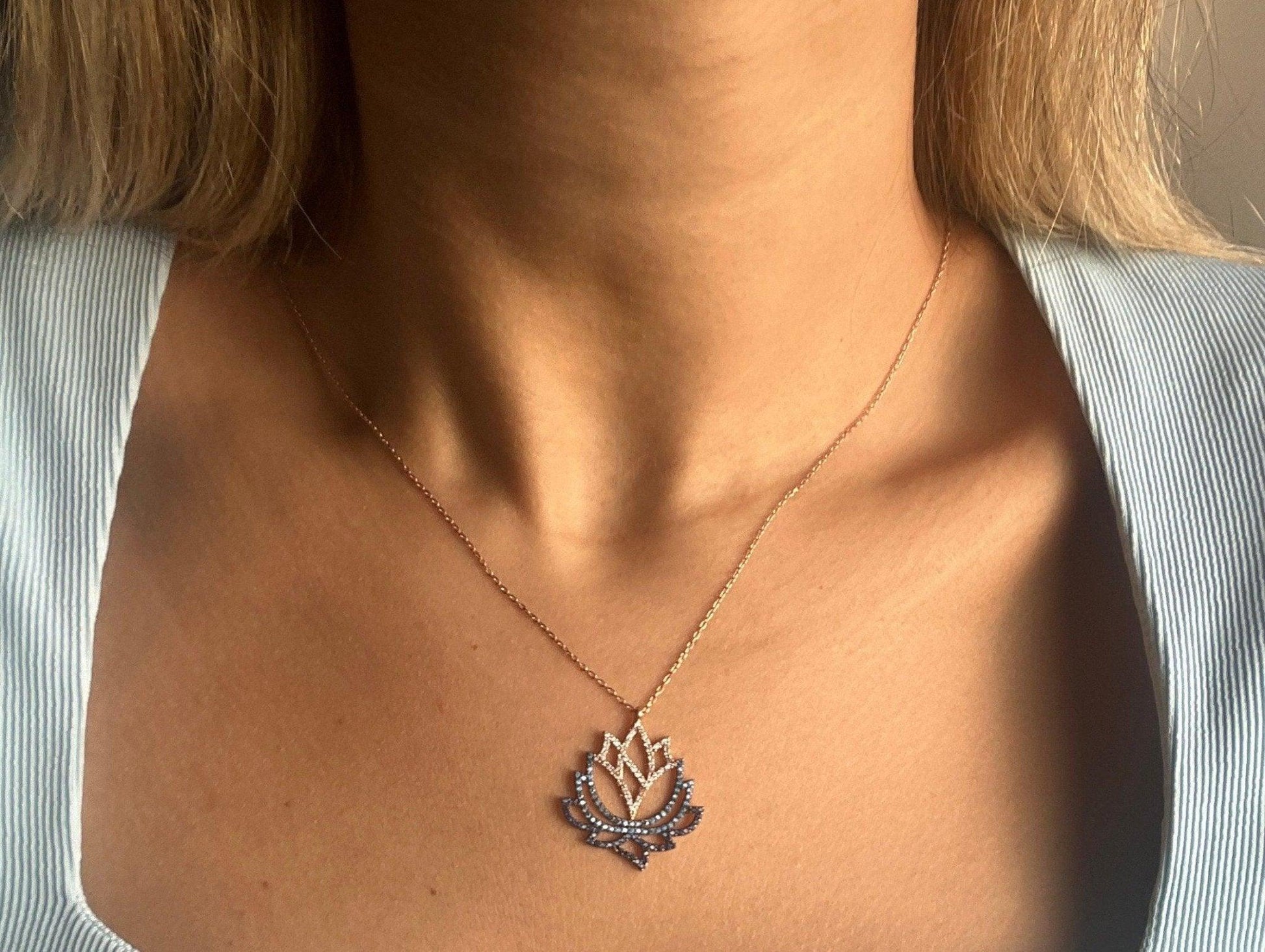 Lotus 925 Sterling Handmade Necklace | Lotus Zircon Stone | Blue Lotus | Silver Lotus Necklace| Lotus Different Colored Necklace|Zircon - Tracesilver