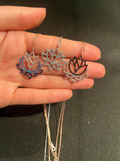 Lotus 925 Sterling Handmade Necklace | Lotus Zircon Stone | Blue Lotus | Silver Lotus Necklace| Lotus Different Colored Necklace|Zircon - Tracesilver