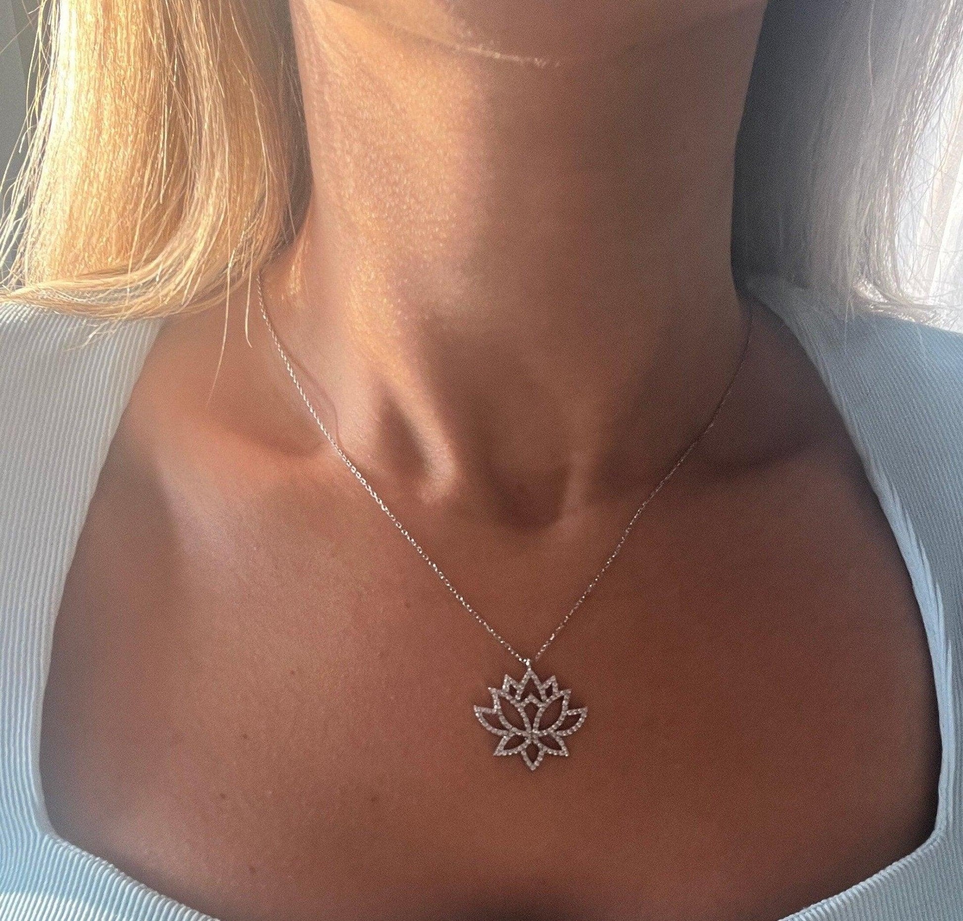 Lotus 925 Sterling Handmade Necklace | Lotus Zircon Stone | Blue Lotus | Silver Lotus Necklace| Lotus Different Colored Necklace|Zircon - Tracesilver