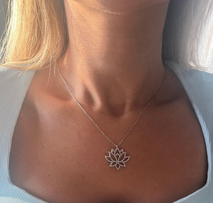 Lotus 925 Sterling Handmade Necklace | Lotus Zircon Stone | Blue Lotus | Silver Lotus Necklace| Lotus Different Colored Necklace|Zircon - Tracesilver