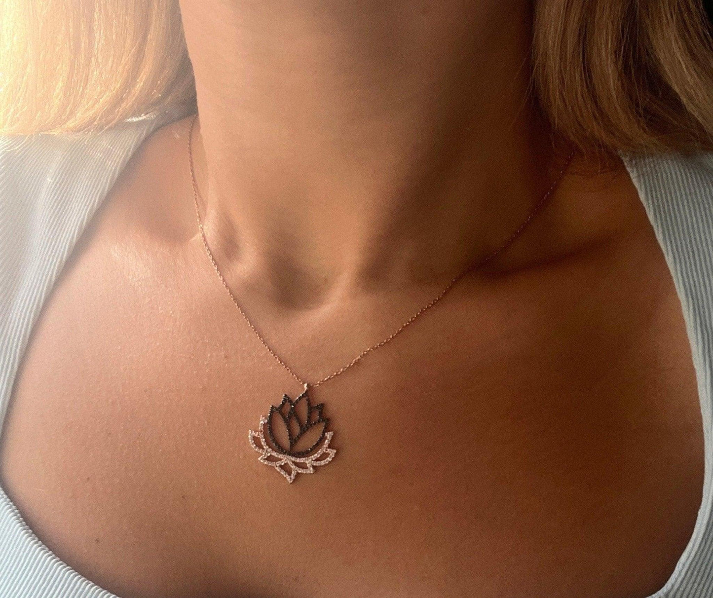 Lotus 925 Sterling Handmade Necklace | Lotus Zircon Stone | Blue Lotus | Silver Lotus Necklace| Lotus Different Colored Necklace|Zircon - Tracesilver