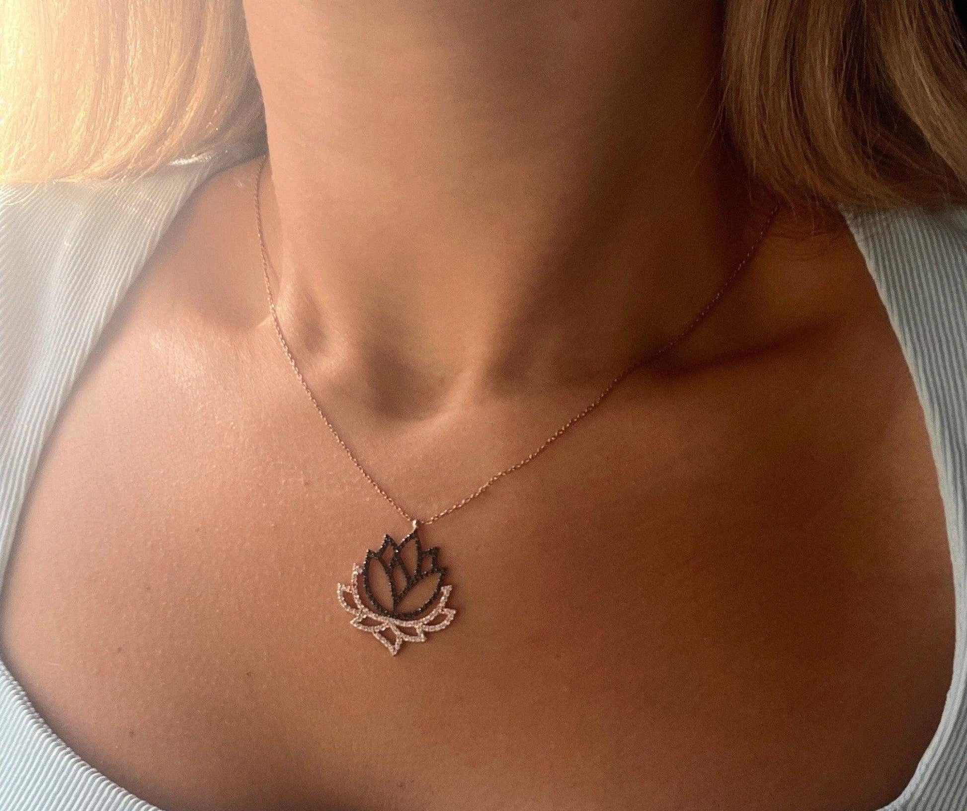 Lotus 925 Sterling Handmade Necklace | Lotus Zircon Stone | Blue Lotus | Silver Lotus Necklace| Lotus Different Colored Necklace|Zircon - Tracesilver
