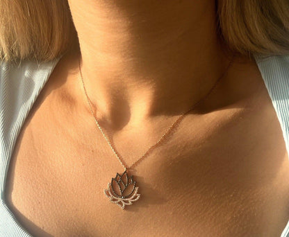 Lotus 925 Sterling Handmade Necklace | Lotus Zircon Stone | Blue Lotus | Silver Lotus Necklace| Lotus Different Colored Necklace|Zircon - Tracesilver