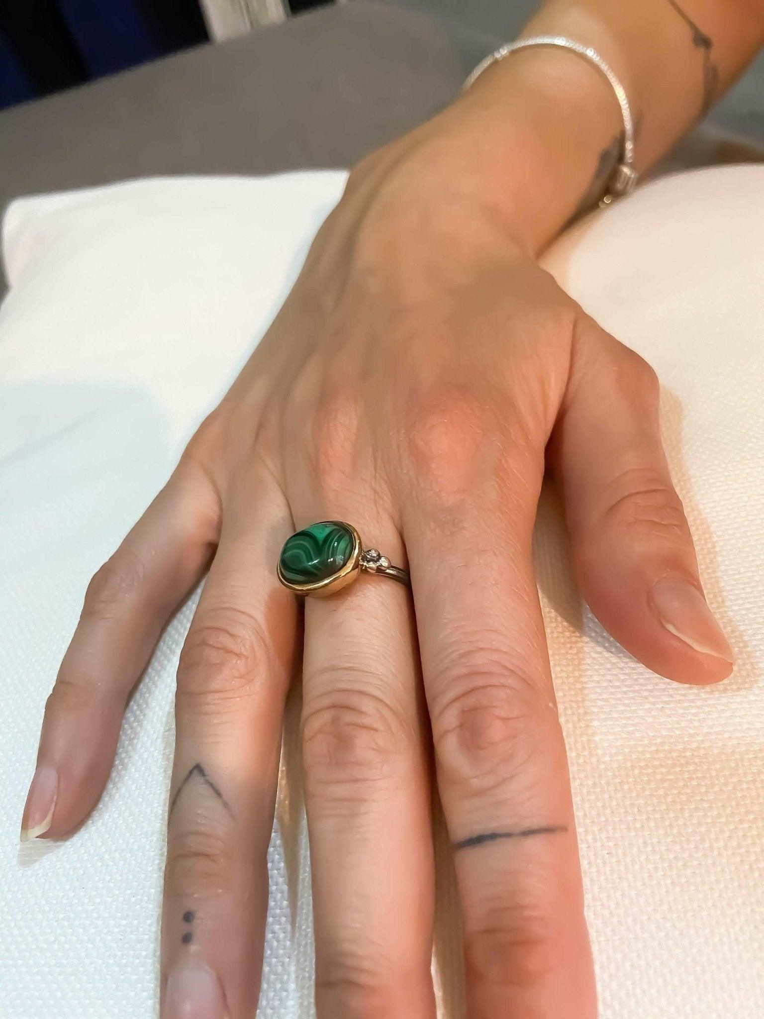 Malachite Natural Stone Ring, 925 Sterling Silver Malachite Green Ring, Natural Gemstone Ring For Women, Green Stone Gift For Women - Tracesilver