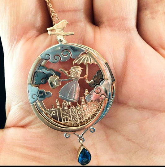 Mary Poppins Aquamarine Gemstone Rose Gold Handmade Custom Desing 925 Sterling Silver Necklaces, Jewerly For Women, Novel character Pendant - Tracesilver