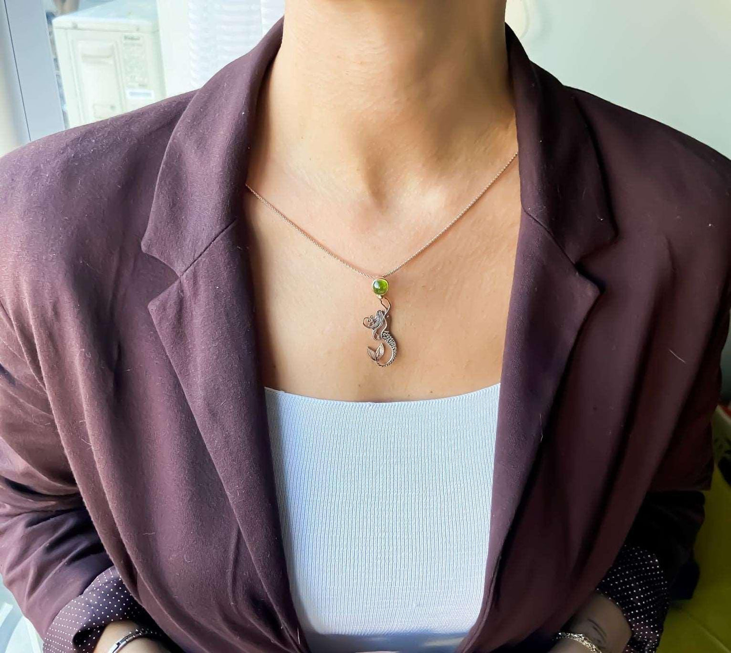Mermaid First Quality Peridot Natural Stone 925 Sterling Silver Necklace For Women, Mermaid Natural Stone Pendant For Her - Tracesilver