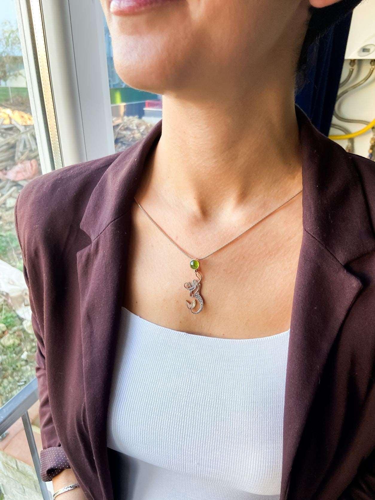 Mermaid First Quality Peridot Natural Stone 925 Sterling Silver Necklace For Women, Mermaid Natural Stone Pendant For Her - Tracesilver