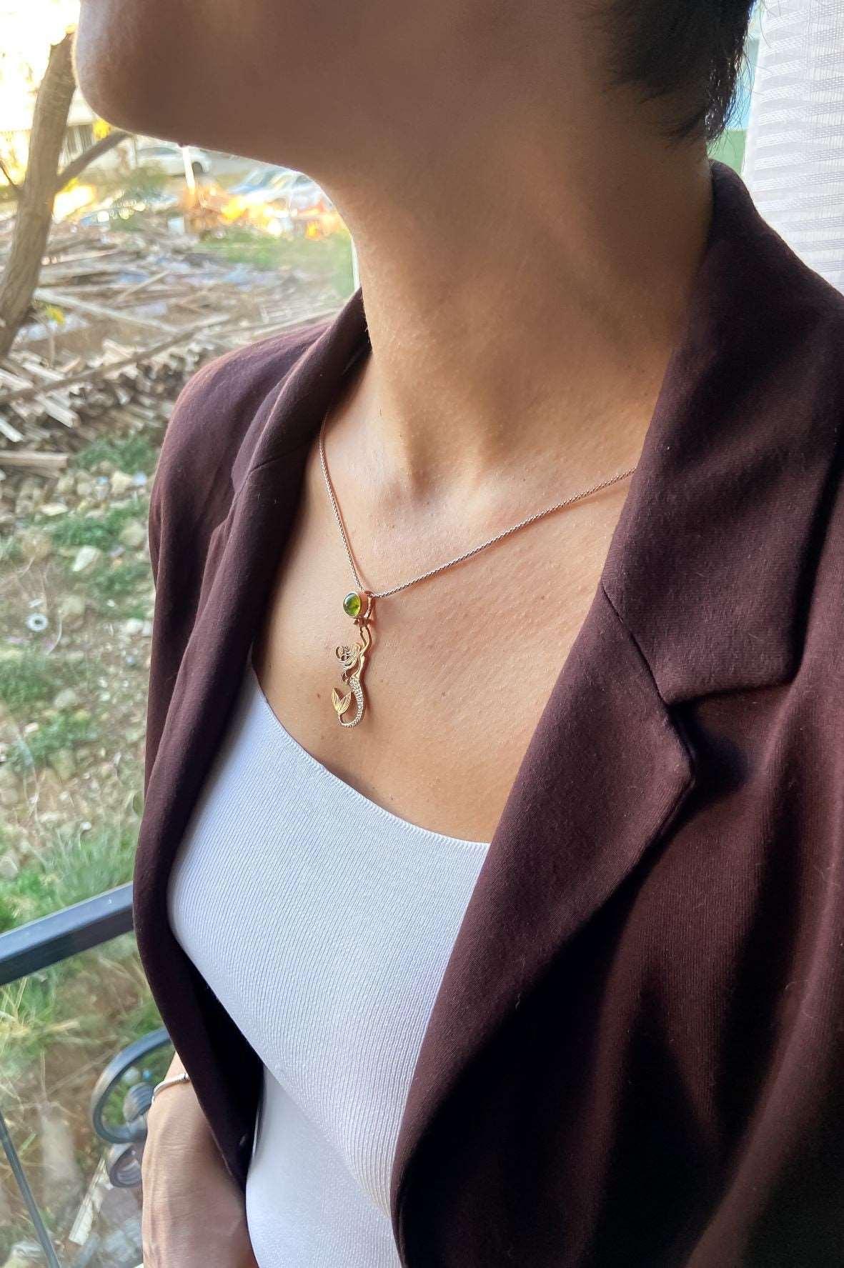 Mermaid First Quality Peridot Natural Stone 925 Sterling Silver Necklace For Women, Mermaid Natural Stone Pendant For Her - Tracesilver