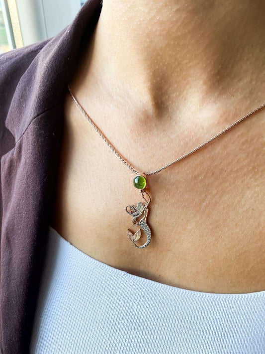 Mermaid First Quality Peridot Natural Stone 925 Sterling Silver Necklace For Women, Mermaid Natural Stone Pendant For Her - Tracesilver