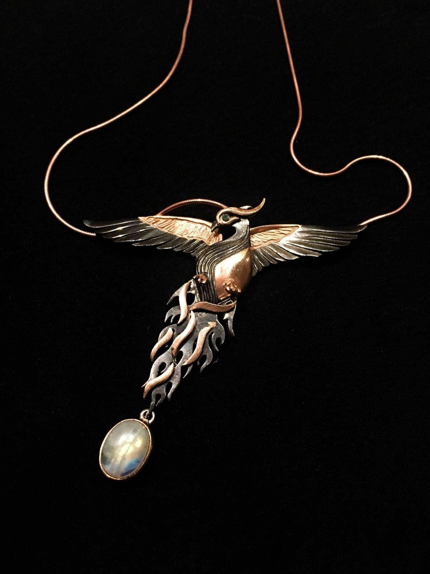 Moonstone Rose Gold Handmade Phoenix Necklace, Jewerly Firebird Moonstone Pendant, Unique Desing Bird Jewelry For Women - Tracesilver
