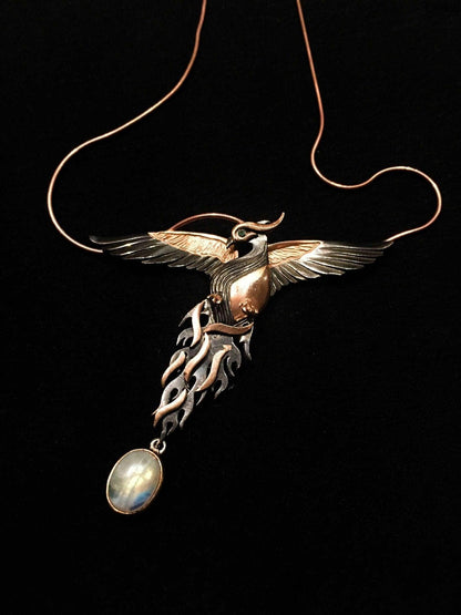 Moonstone Rose Gold Handmade Phoenix Necklace, Jewerly Firebird Moonstone Pendant, Unique Desing Bird Jewelry For Women - Tracesilver