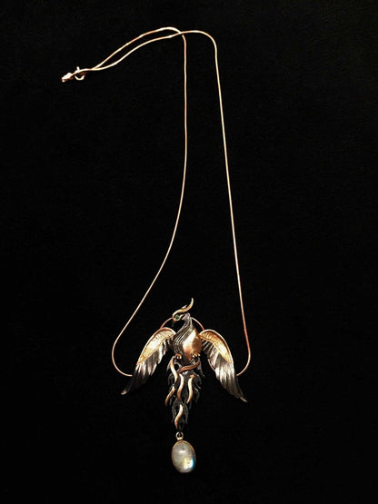 Moonstone Rose Gold Handmade Phoenix Necklace, Jewerly Firebird Moonstone Pendant, Unique Desing Bird Jewelry For Women - Tracesilver