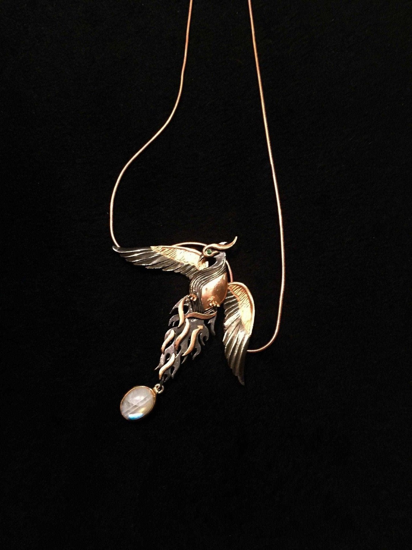 Moonstone Rose Gold Handmade Phoenix Necklace, Jewerly Firebird Moonstone Pendant, Unique Desing Bird Jewelry For Women - Tracesilver