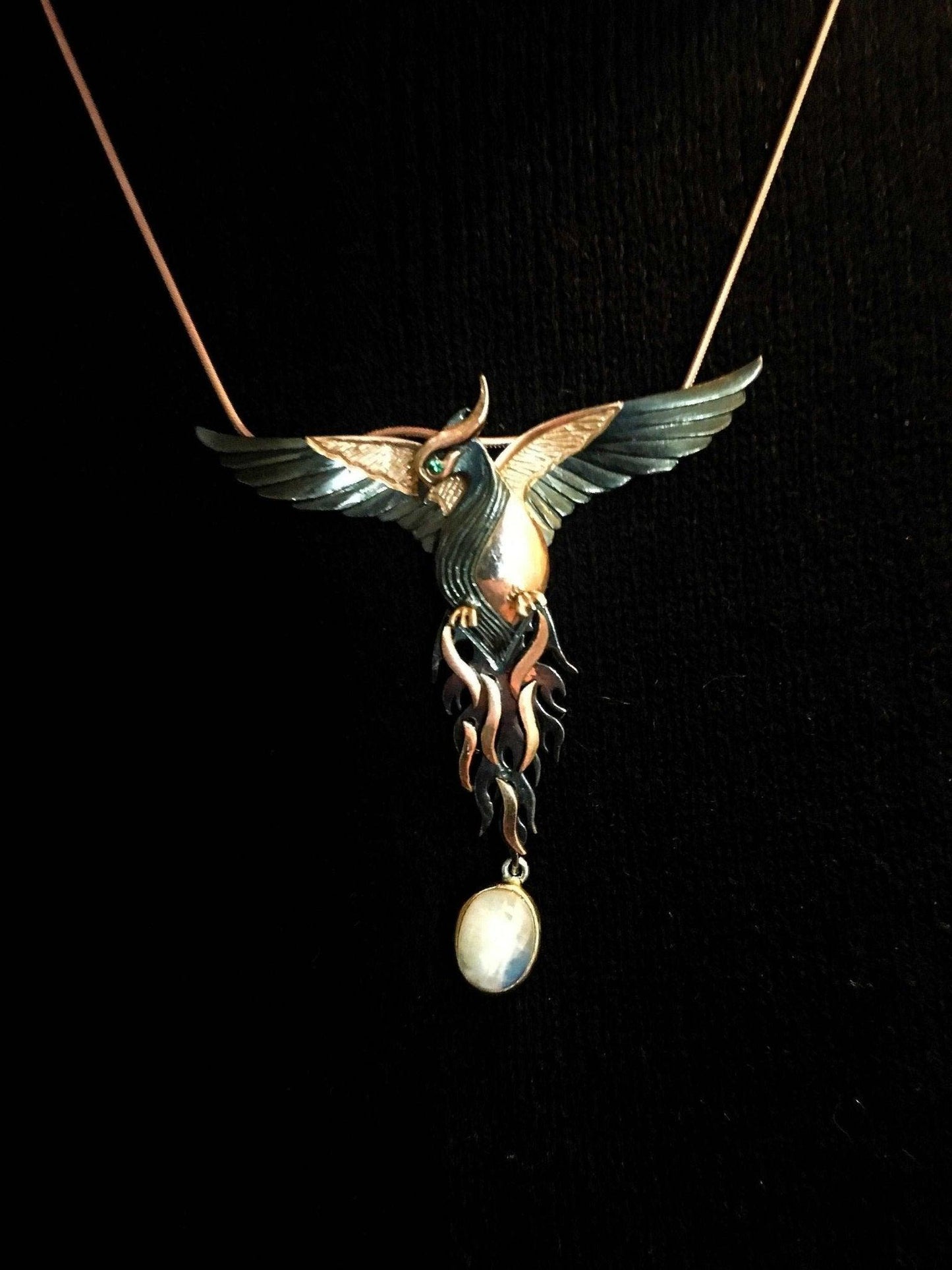 Moonstone Rose Gold Handmade Phoenix Necklace, Jewerly Firebird Moonstone Pendant, Unique Desing Bird Jewelry For Women - Tracesilver