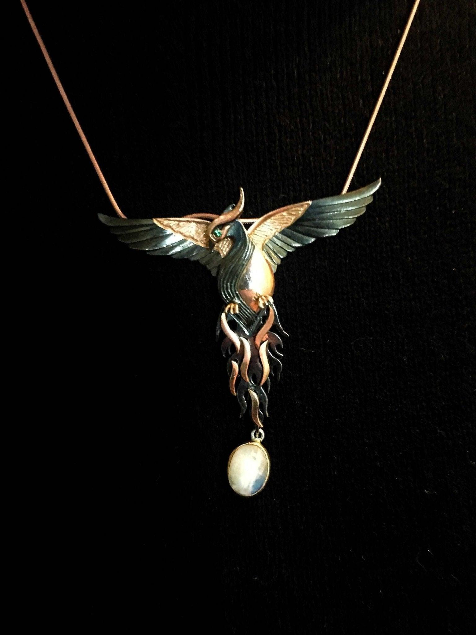 Moonstone Rose Gold Handmade Phoenix Necklace, Jewerly Firebird Moonstone Pendant, Unique Desing Bird Jewelry For Women - Tracesilver