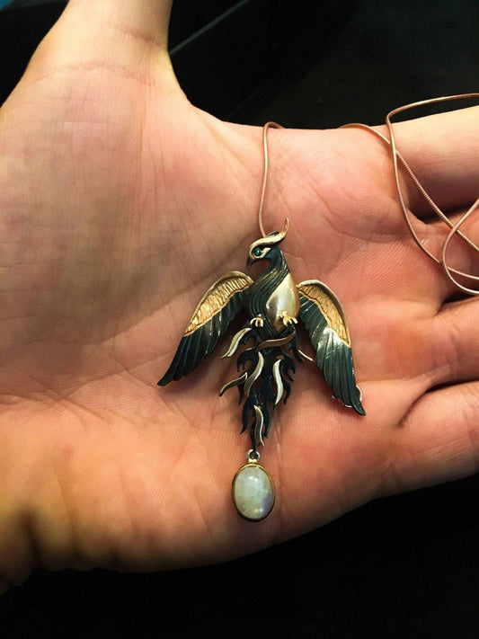 Moonstone Rose Gold Handmade Phoenix Necklace, Jewerly Firebird Moonstone Pendant, Unique Desing Bird Jewelry For Women - Tracesilver