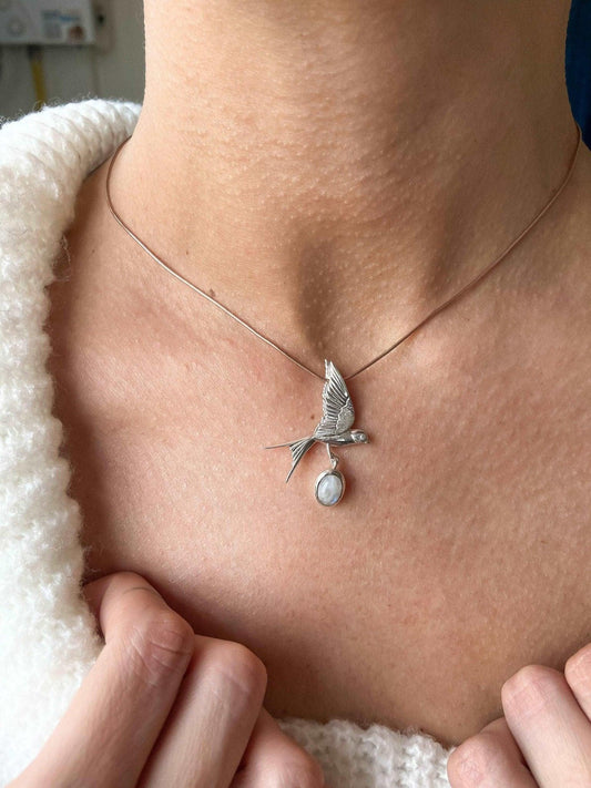 Moonstone Silver Sparrow Necklace, 925 Sterling Silver Handmade Sparrow Jewelry Pendant, Silver Sparrow MoonGemstone Bird Necklace - Tracesilver