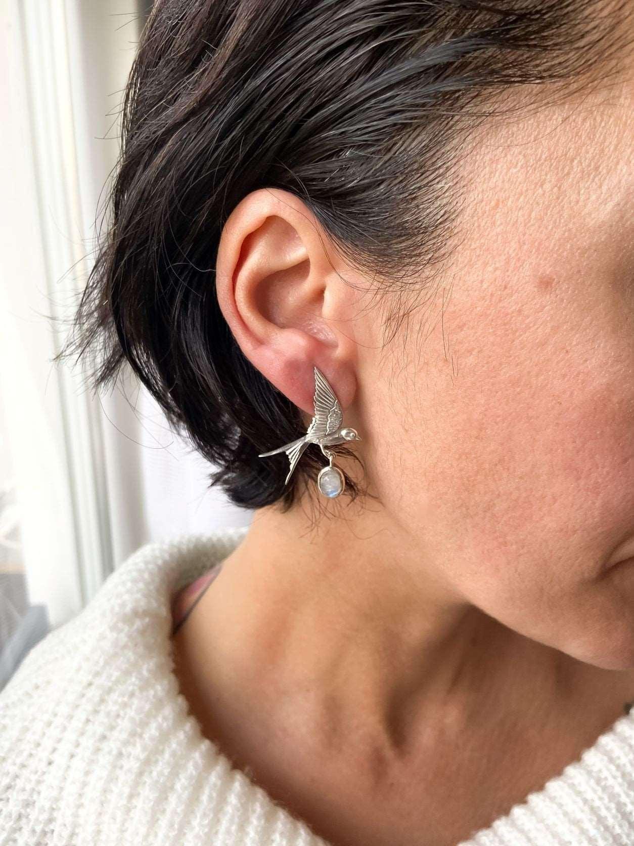 Moonstone Sparrow Stud Earrings, 925 Sterling Silver Sparrow Jewelry Earrings, Use Two Ways Moonstone Earrings - Tracesilver
