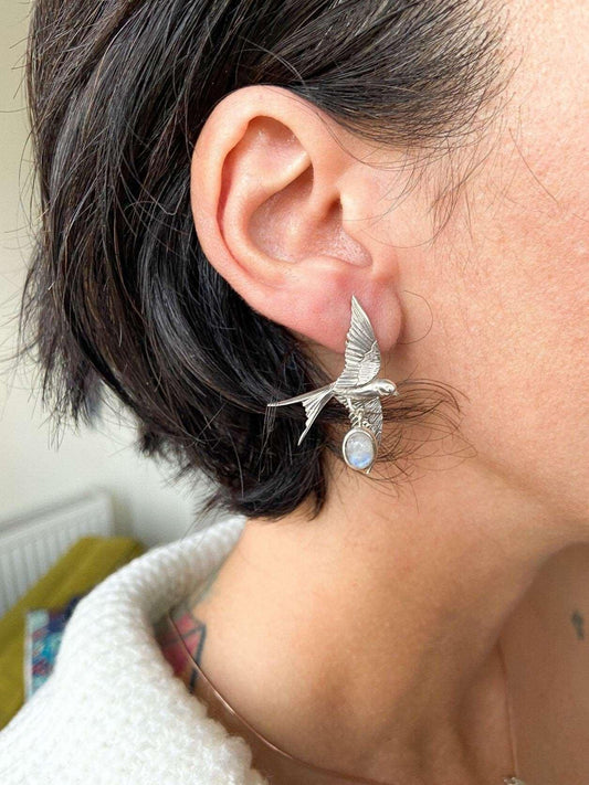 Moonstone Sparrow Stud Earrings, 925 Sterling Silver Sparrow Jewelry Earrings, Use Two Ways Moonstone Earrings - Tracesilver
