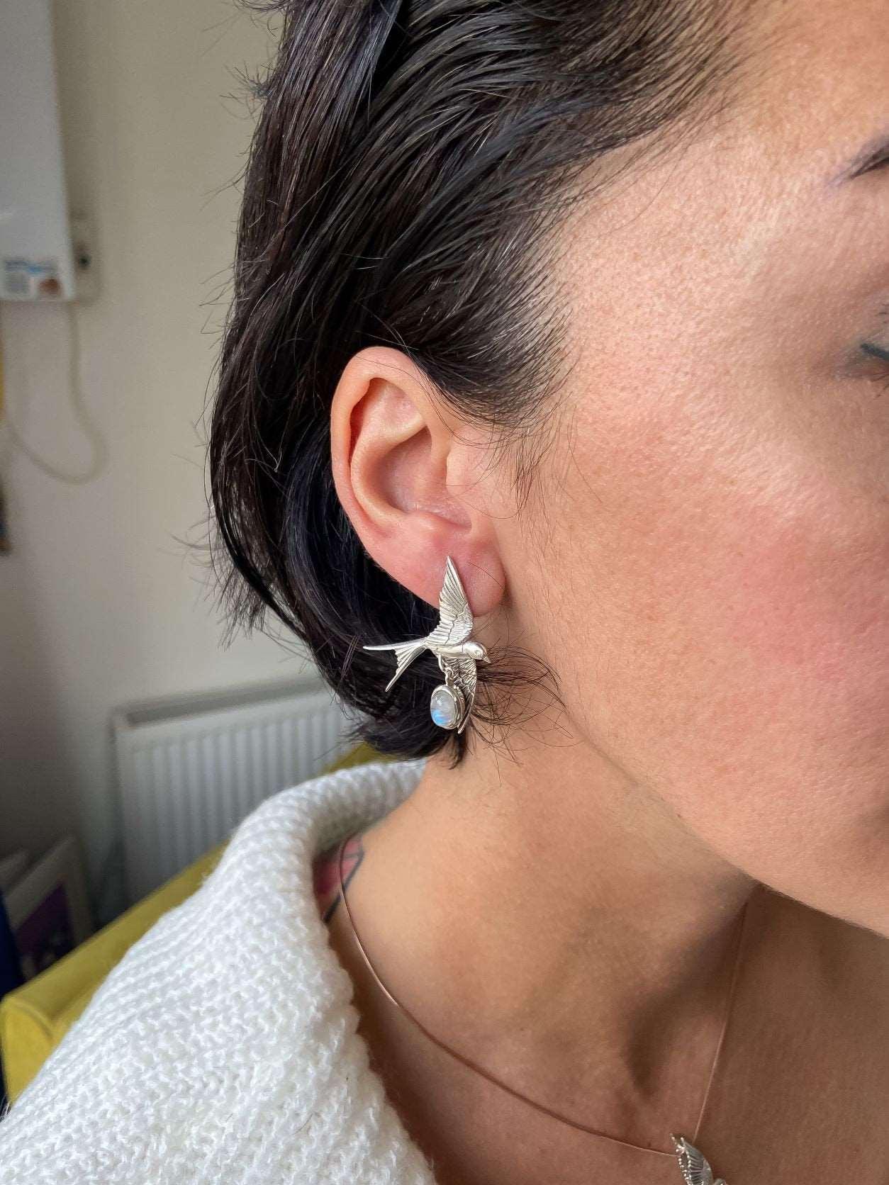 Moonstone Sparrow Stud Earrings, 925 Sterling Silver Sparrow Jewelry Earrings, Use Two Ways Moonstone Earrings - Tracesilver