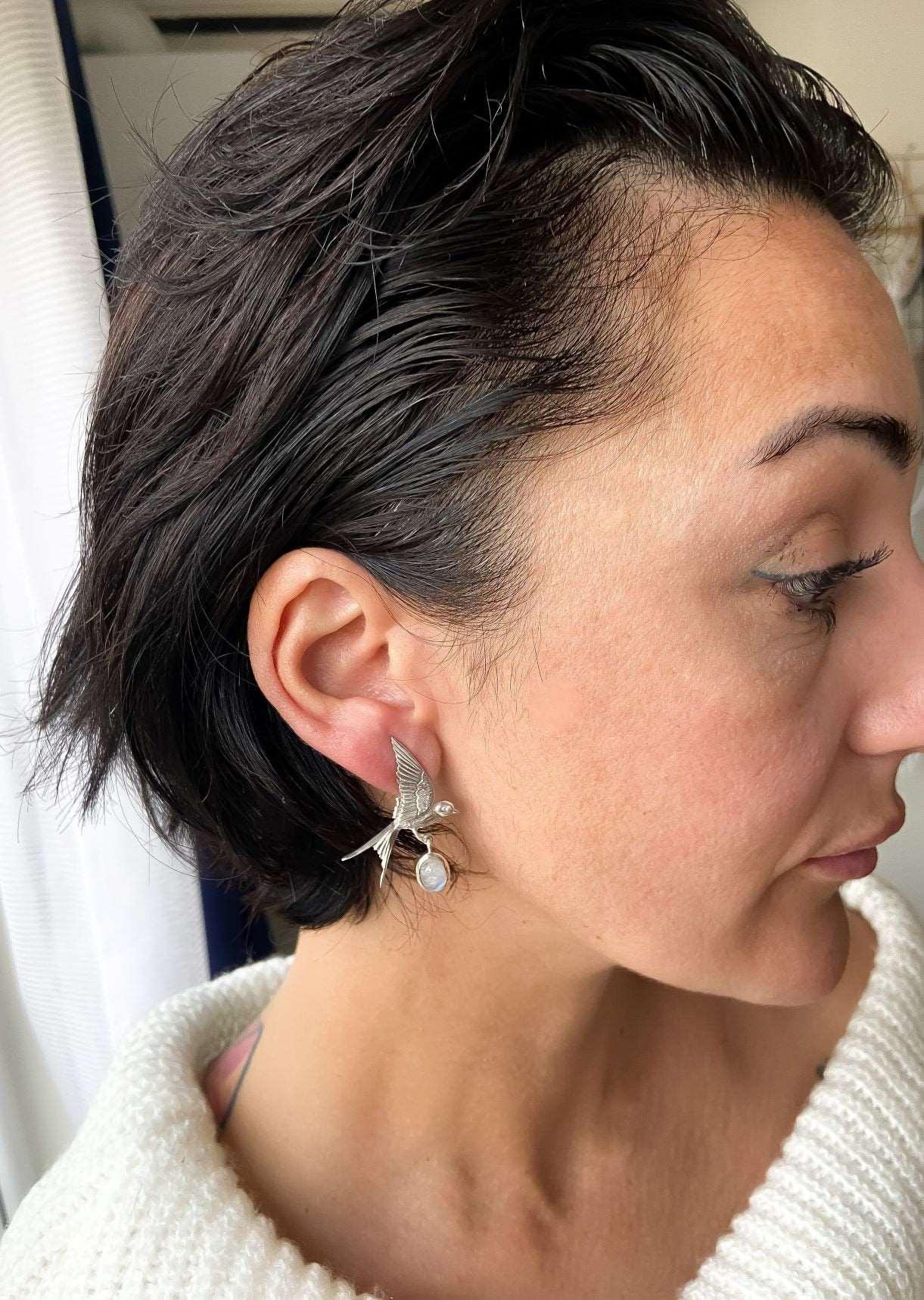 Moonstone Sparrow Stud Earrings, 925 Sterling Silver Sparrow Jewelry Earrings, Use Two Ways Moonstone Earrings - Tracesilver