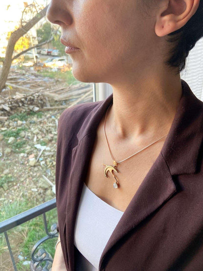 MOONSTONE STORK PENDANT Necklace For Her, Natural Moonstone Rose Gold Bird Pendant For Women - Tracesilver