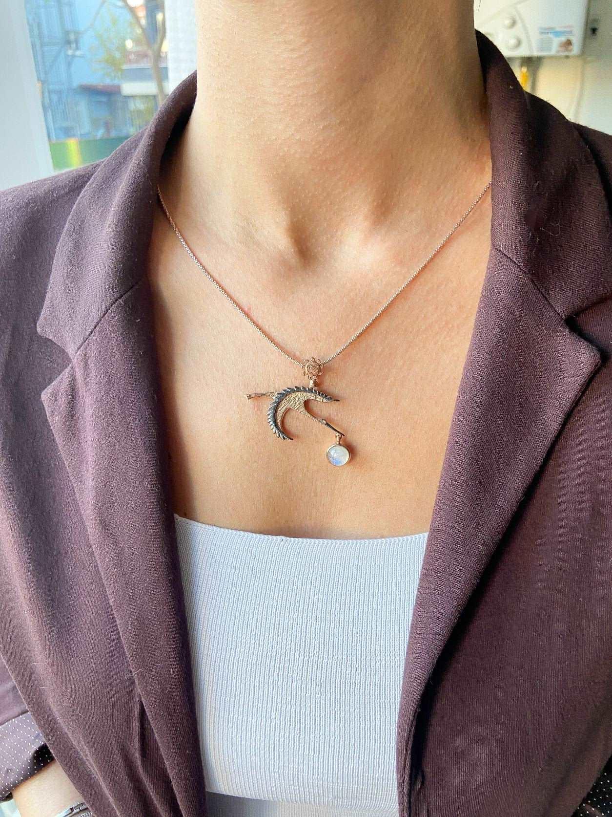 MOONSTONE STORK PENDANT Necklace For Her, Natural Moonstone Rose Gold Bird Pendant For Women - Tracesilver
