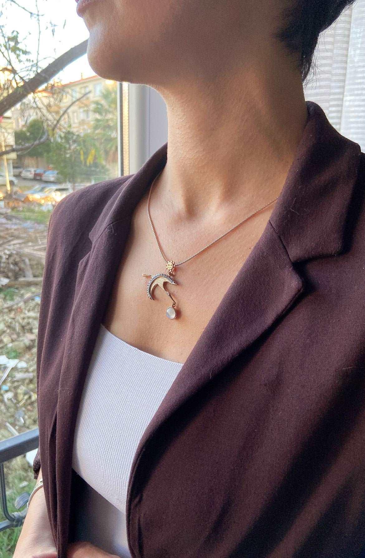 MOONSTONE STORK PENDANT Necklace For Her, Natural Moonstone Rose Gold Bird Pendant For Women - Tracesilver