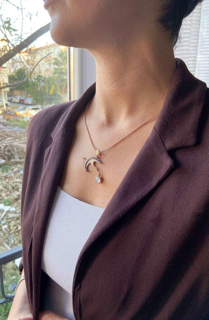 MOONSTONE STORK PENDANT Necklace For Her, Natural Moonstone Rose Gold Bird Pendant For Women - Tracesilver