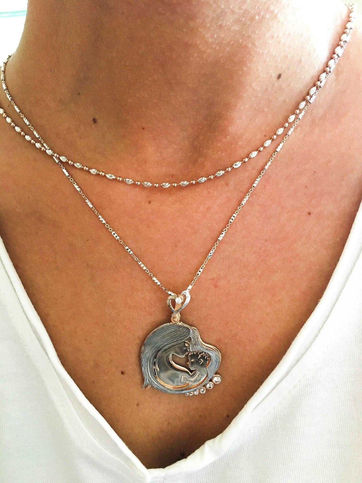 Mother And Son Unique Desing Necklace, Mom and Son Handmade Jewelry 925 Sterling Silver Pendant, Gift For Best Mom, Mother's Day - Tracesilver