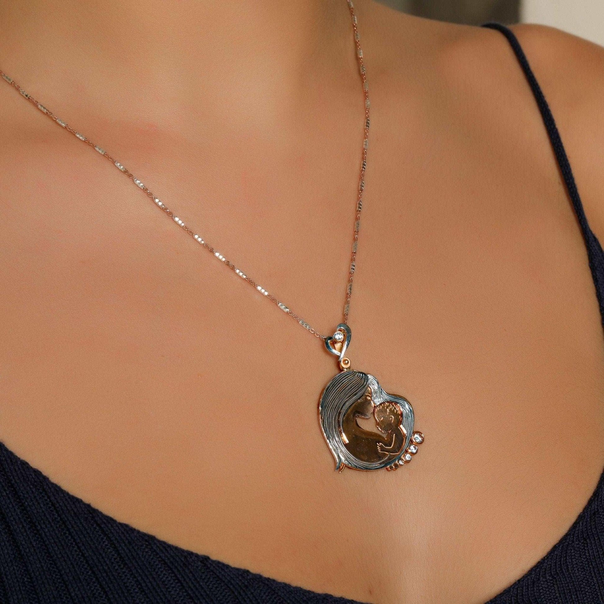 Mother And Son Unique Desing Necklace, Mom and Son Handmade Jewelry 925 Sterling Silver Pendant, Gift For Best Mom, Mother's Day - Tracesilver