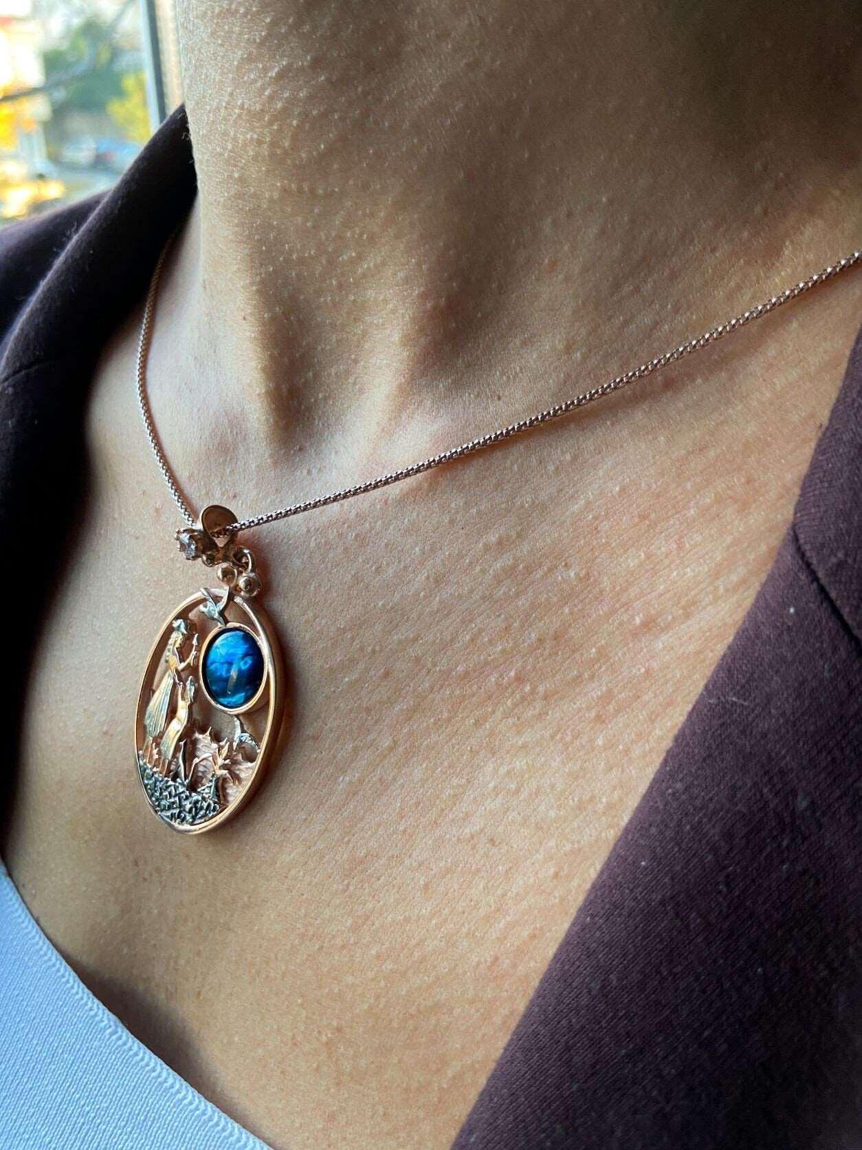 Mother Leading The Way Necklace Blue Abalone gemstone 925 Sterling Silver Pendant, Mom and Son Silver Necklace - Tracesilver