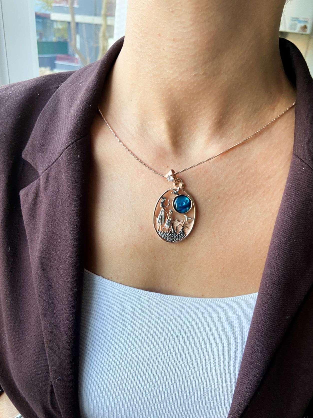 Mother Leading The Way Necklace Blue Abalone gemstone 925 Sterling Silver Pendant, Mom and Son Silver Necklace - Tracesilver