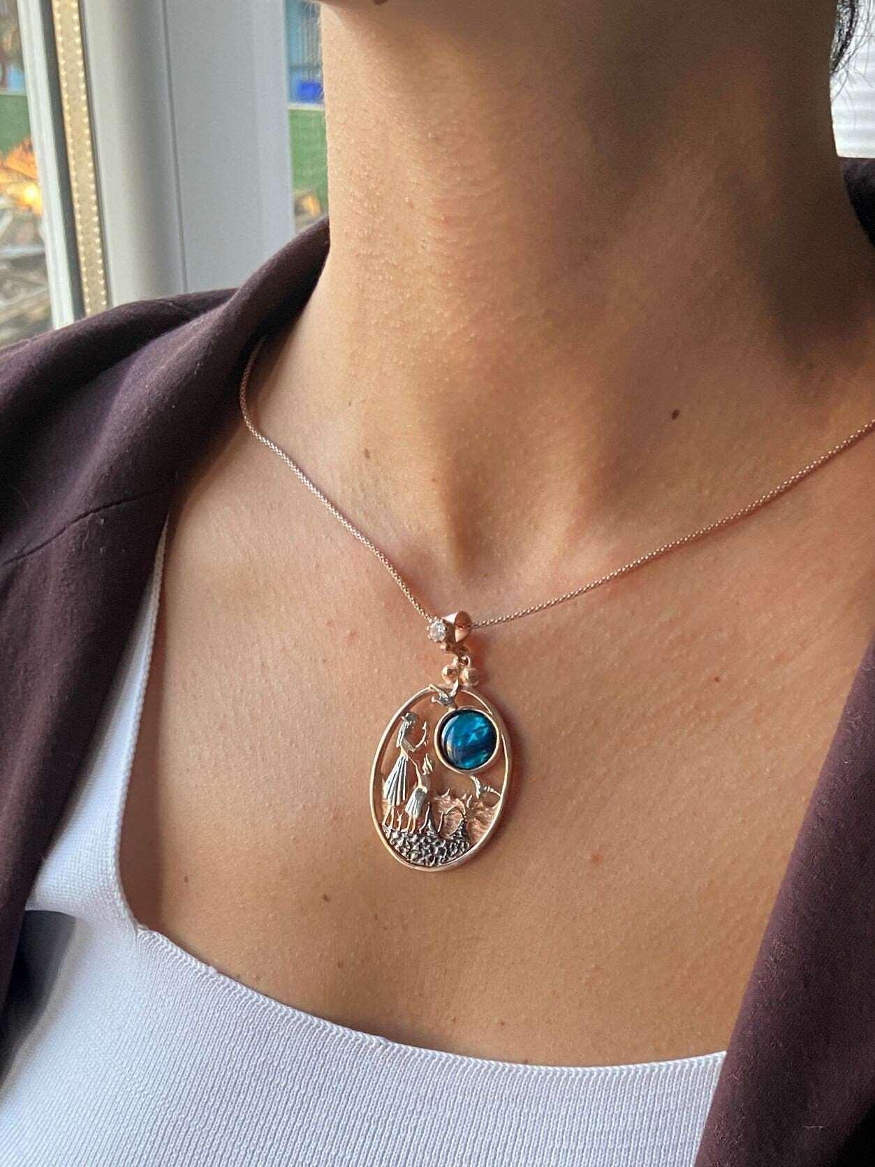 Mother Leading The Way Necklace Blue Abalone gemstone 925 Sterling Silver Pendant, Mom and Son Silver Necklace - Tracesilver
