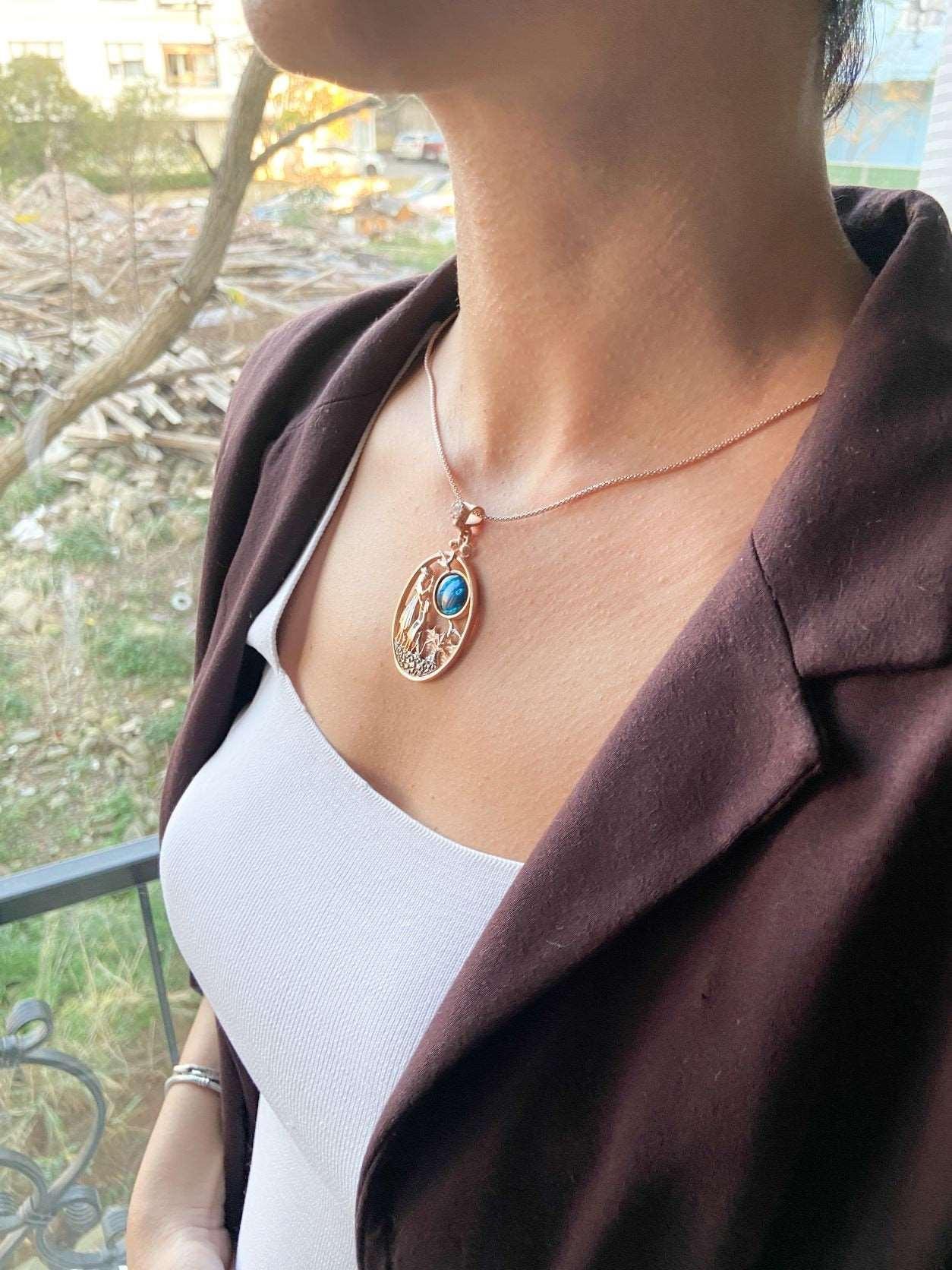 Mother Leading The Way Necklace Blue Abalone gemstone 925 Sterling Silver Pendant, Mom and Son Silver Necklace - Tracesilver