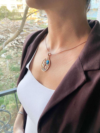 Mother Leading The Way Necklace Blue Abalone gemstone 925 Sterling Silver Pendant, Mom and Son Silver Necklace - Tracesilver
