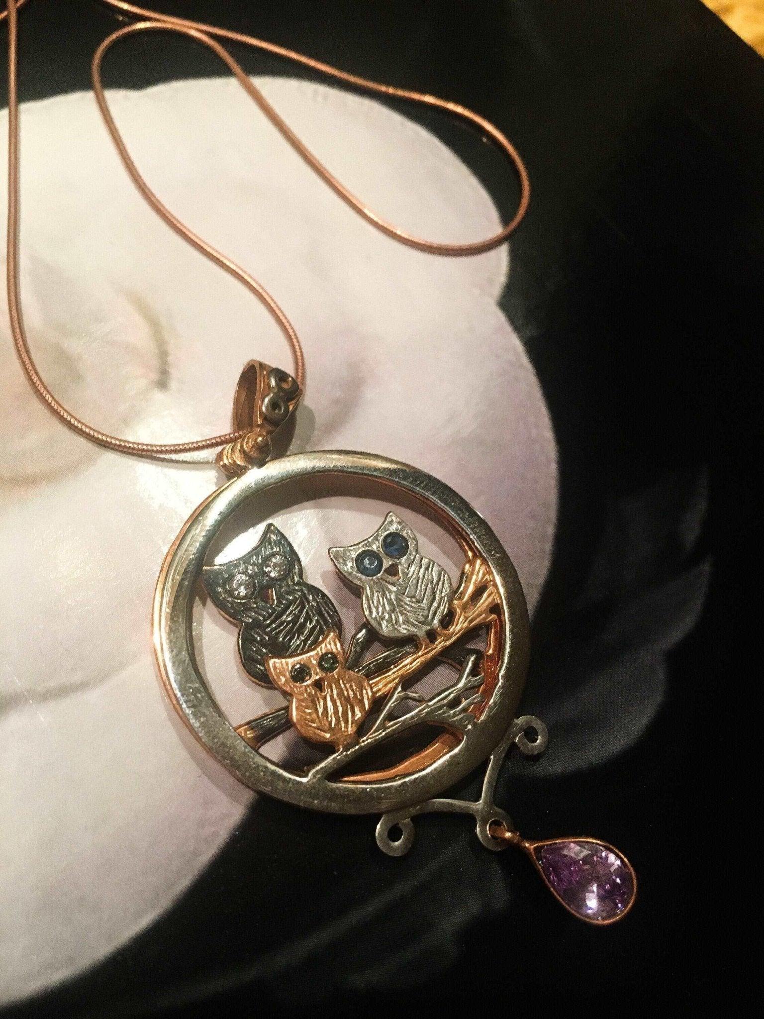 Moving Owl Amethyst Stone Pendant, Custom Desing Handmade Rose Gold Owl Necklace, Animal Jewelry For Her, Mother's Day Gift - Tracesilver