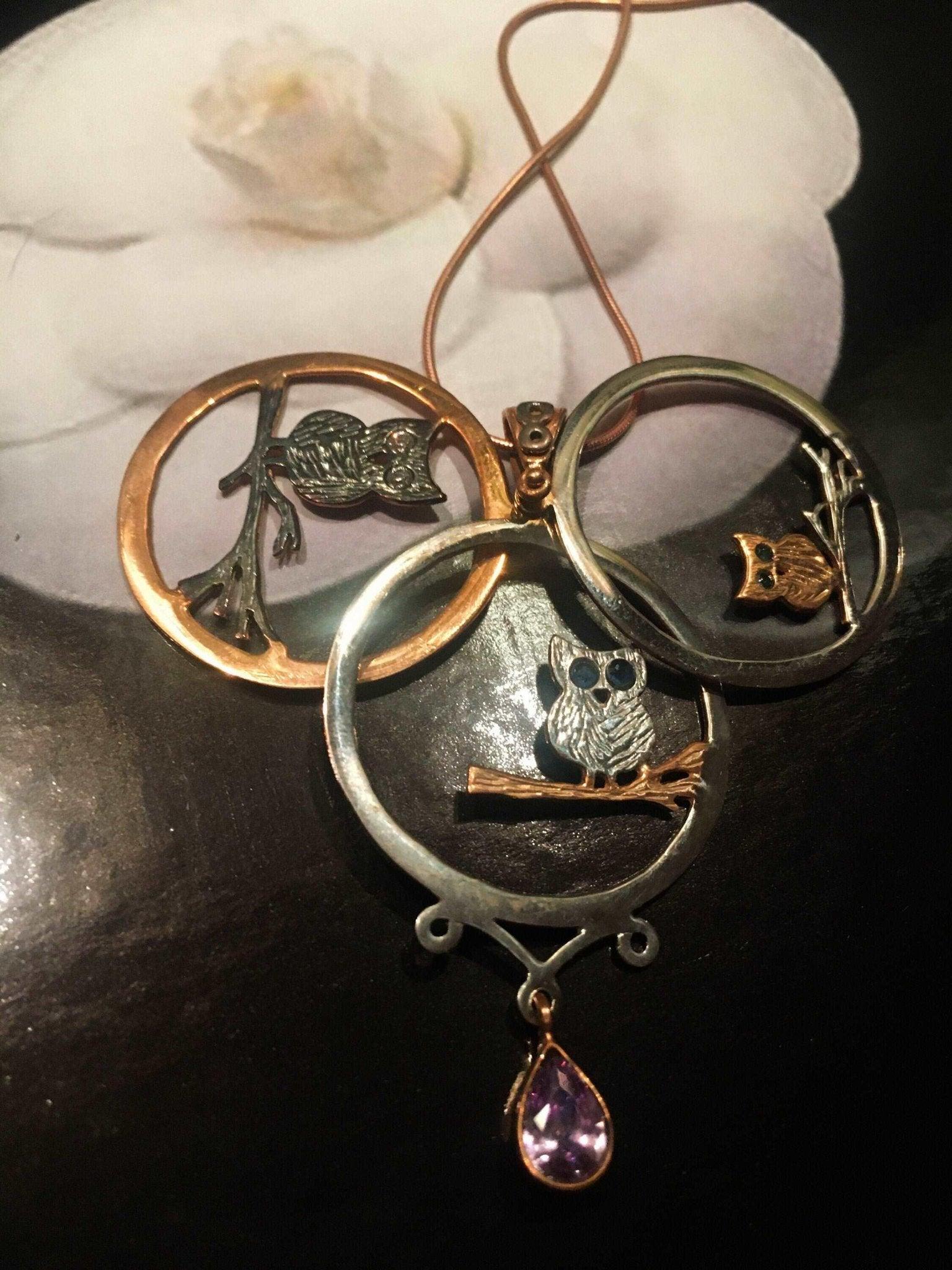 Moving Owl Amethyst Stone Pendant, Custom Desing Handmade Rose Gold Owl Necklace, Animal Jewelry For Her, Mother's Day Gift - Tracesilver