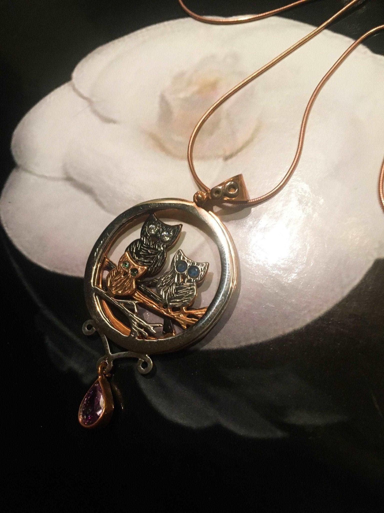 Moving Owl Amethyst Stone Pendant, Custom Desing Handmade Rose Gold Owl Necklace, Animal Jewelry For Her, Mother's Day Gift - Tracesilver