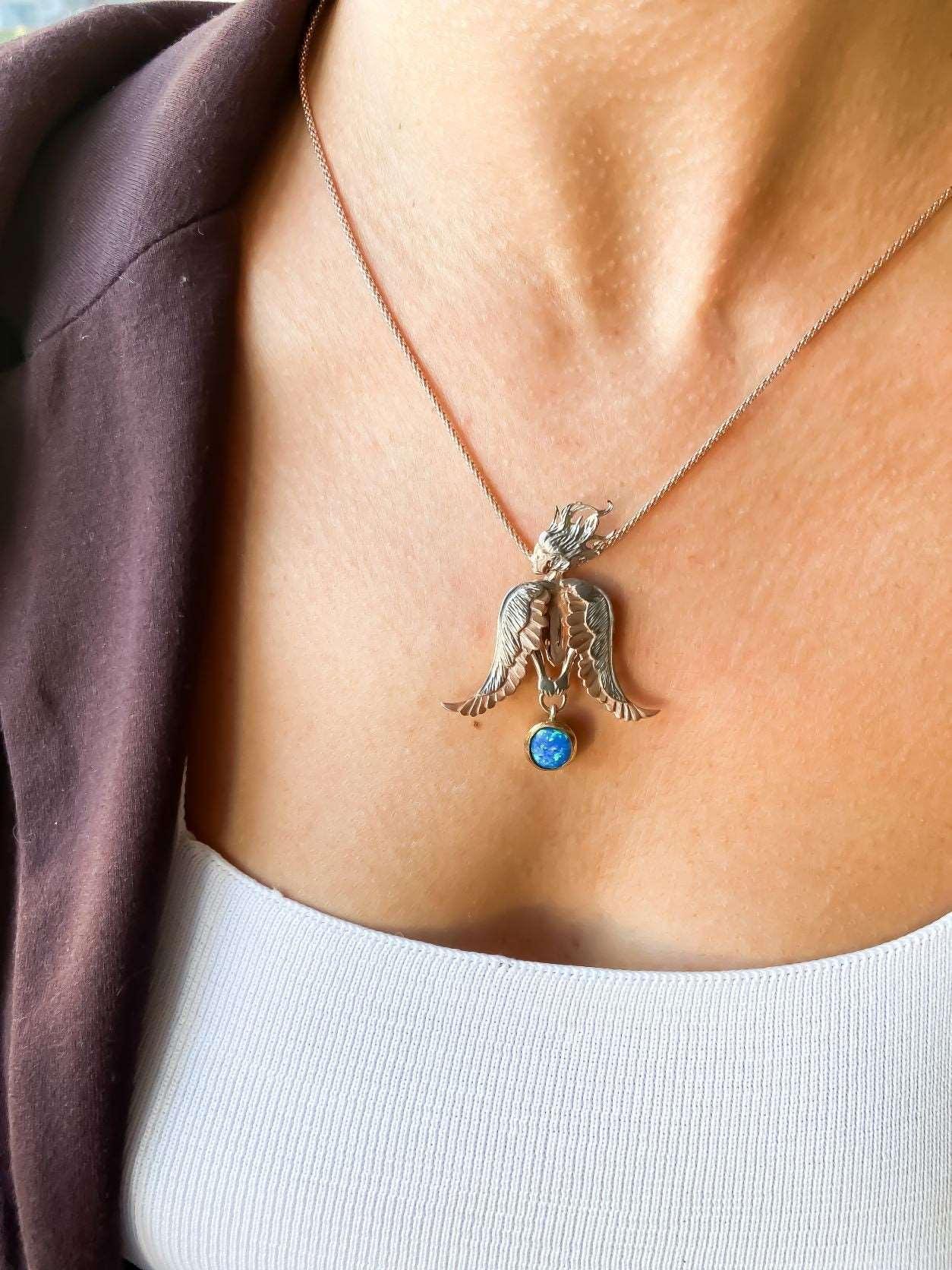 Opal Stone Angel Necklace For Women, Custom Design Women Angel Opal 925 Sterling Silver Pendant For Her - Tracesilver