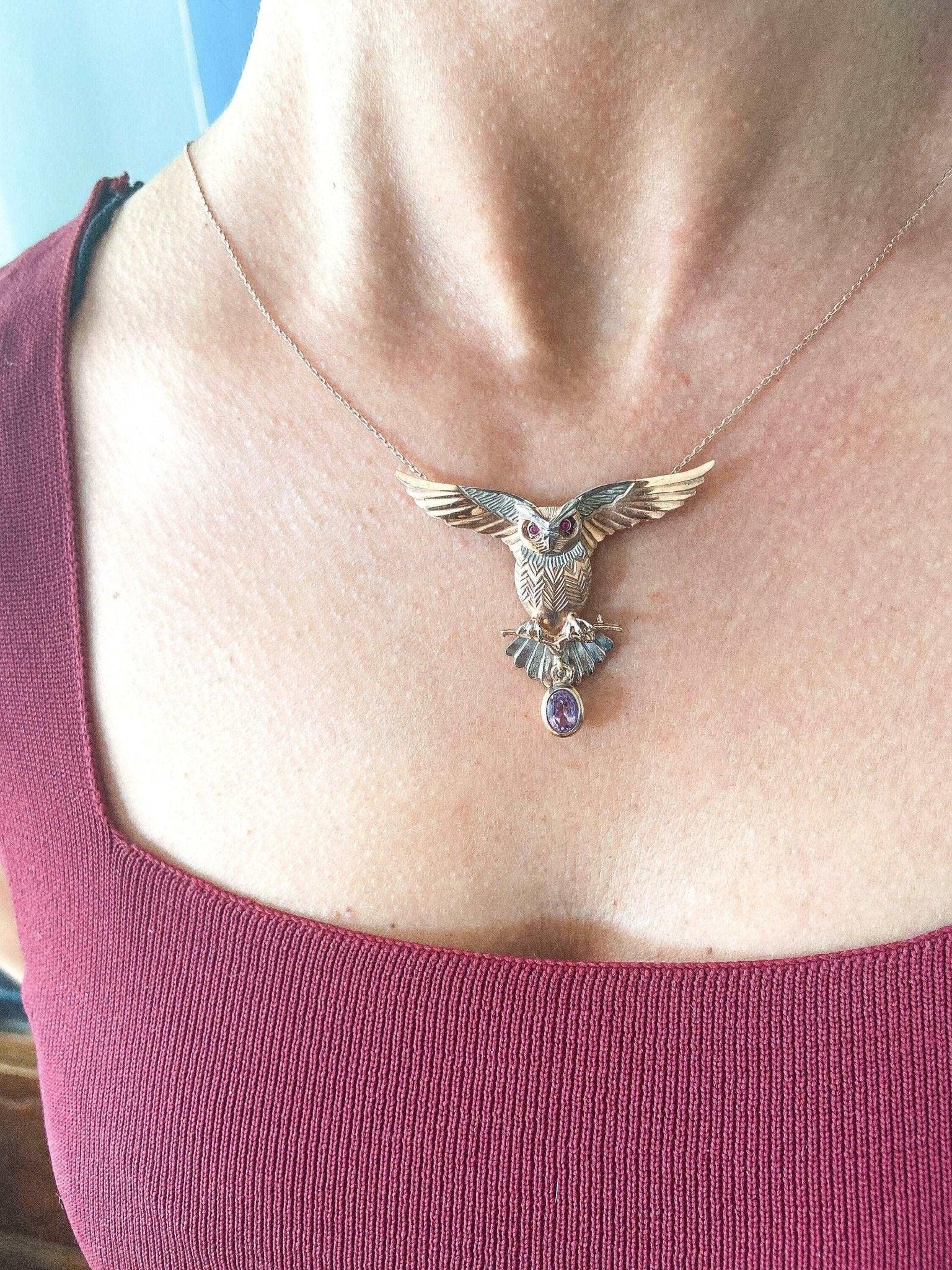 Owl Amethyst and Root Ruby Stone Pendant, Root Ruby Eye Handmade Owl 925 Sterling Silver Necklace,Bird Jewelry Precious Stone, Owl Gift Her - Tracesilver