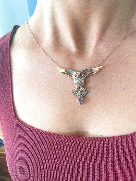 Owl Amethyst and Root Ruby Stone Pendant, Root Ruby Eye Handmade Owl 925 Sterling Silver Necklace,Bird Jewelry Precious Stone, Owl Gift Her - Tracesilver
