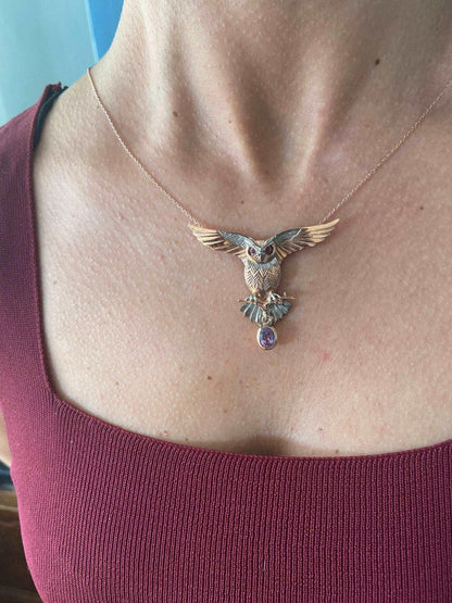 Owl Amethyst and Root Ruby Stone Pendant, Root Ruby Eye Handmade Owl 925 Sterling Silver Necklace,Bird Jewelry Precious Stone, Owl Gift Her - Tracesilver