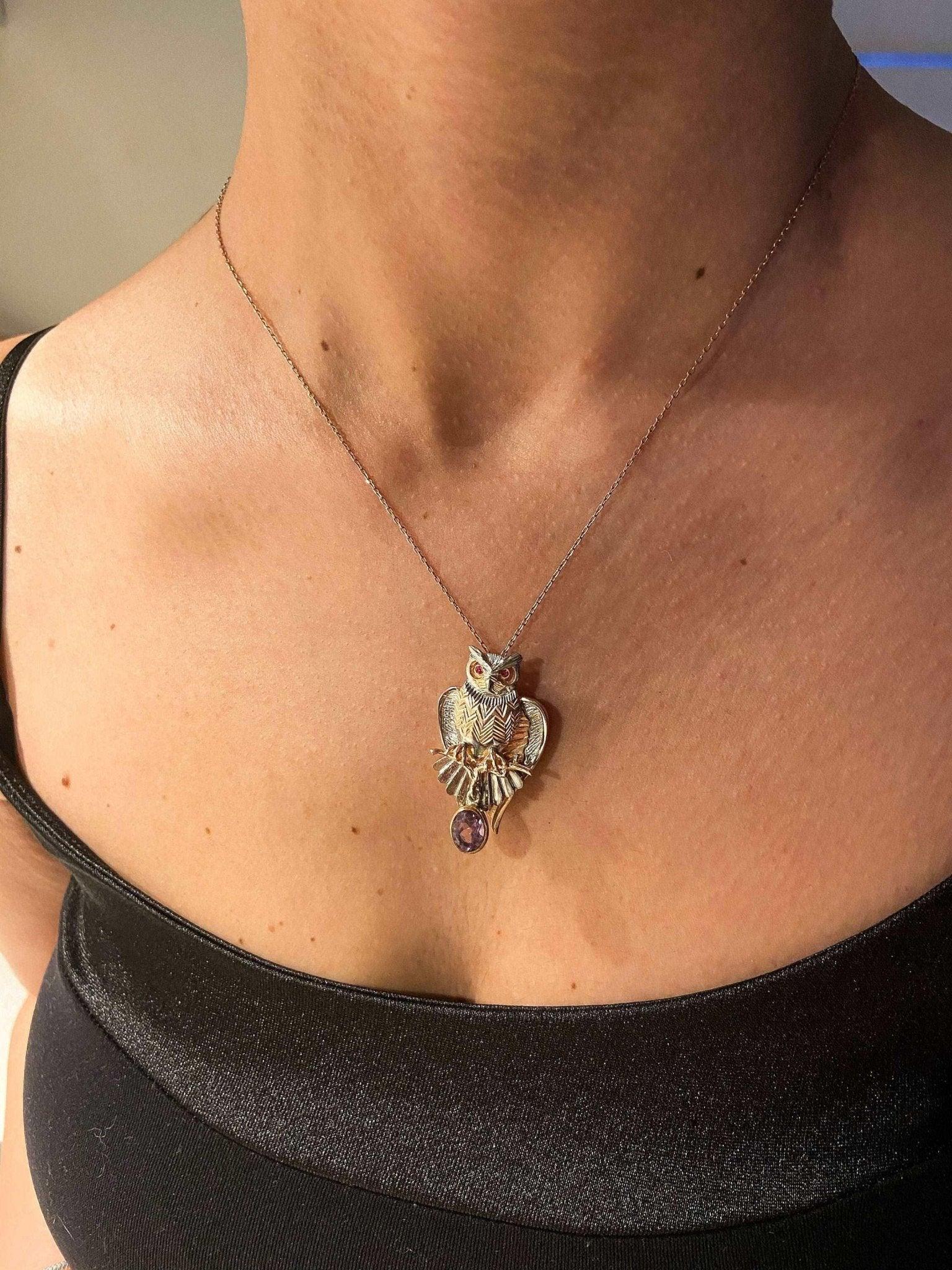 Owl Amethyst and Root Ruby Stone Pendant, Root Ruby Eye Handmade Owl 925 Sterling Silver Necklace,Bird Jewelry Precious Stone, Owl Gift Her - Tracesilver