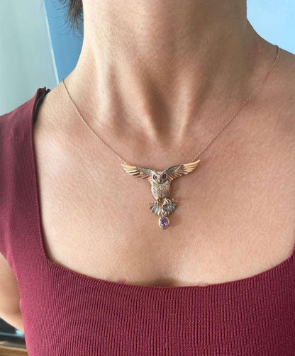 Owl Amethyst and Root Ruby Stone Pendant, Root Ruby Eye Handmade Owl 925 Sterling Silver Necklace,Bird Jewelry Precious Stone, Owl Gift Her - Tracesilver