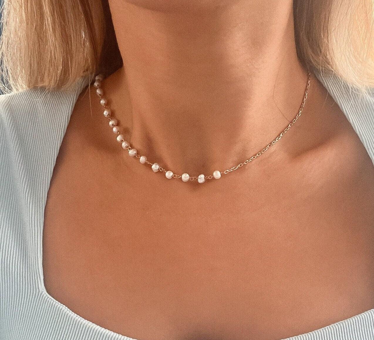 Pearl 925 Sterling Silver Necklace | Pearl Gold Plated Necklace,Cream Pearl White Pearl Necklace,Pearl for Gift,Gift For New Year,Newyear - Tracesilver