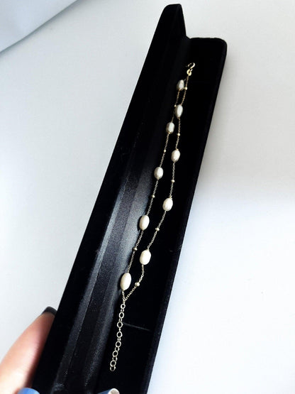 Pearl Double Chain 925 Sterling Silver Bracelet ,Strand Pearl Bracelet,White Pearl Gold Plated Chain,Silver Pearl,Rose Gold,Handmade Silver - Tracesilver